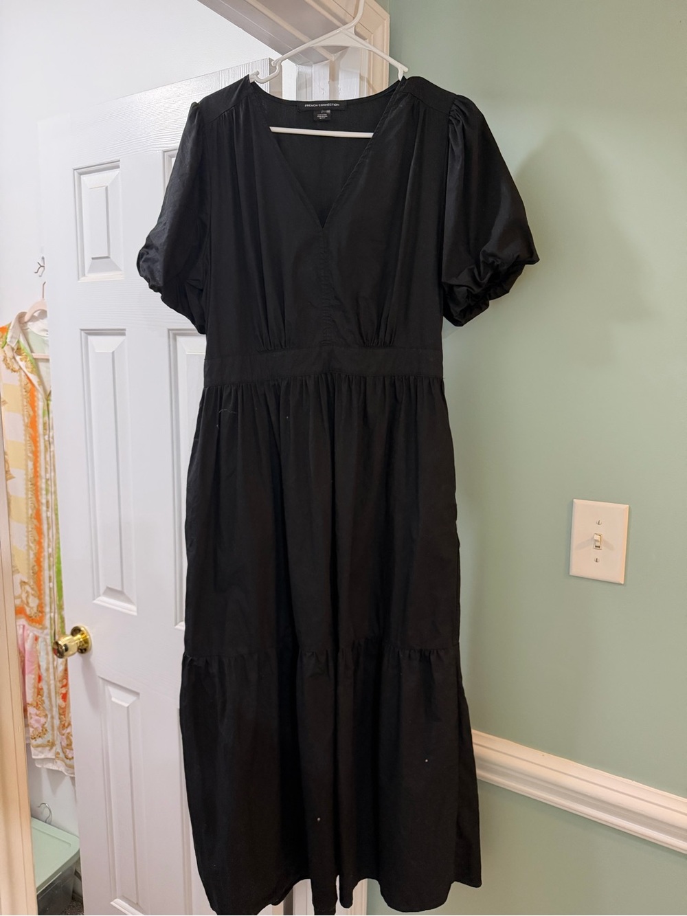 French Connection Puff-Sleeve V-Neck Midi Dress